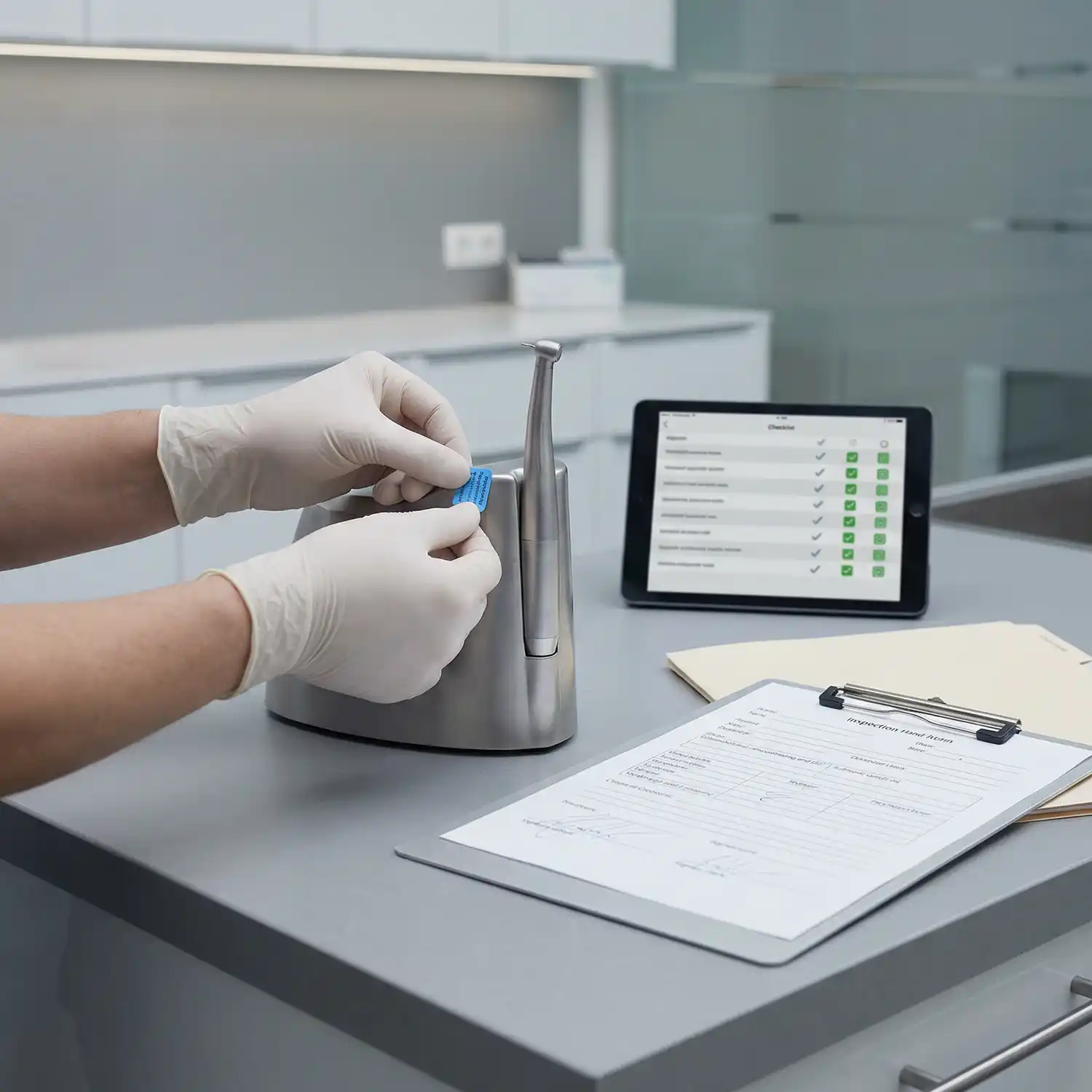 Hände bringen eine Prüfplakette an einem Dentalgerät an, daneben Tablet mit Checkliste und Prüfprotokoll auf Klemmbrett.