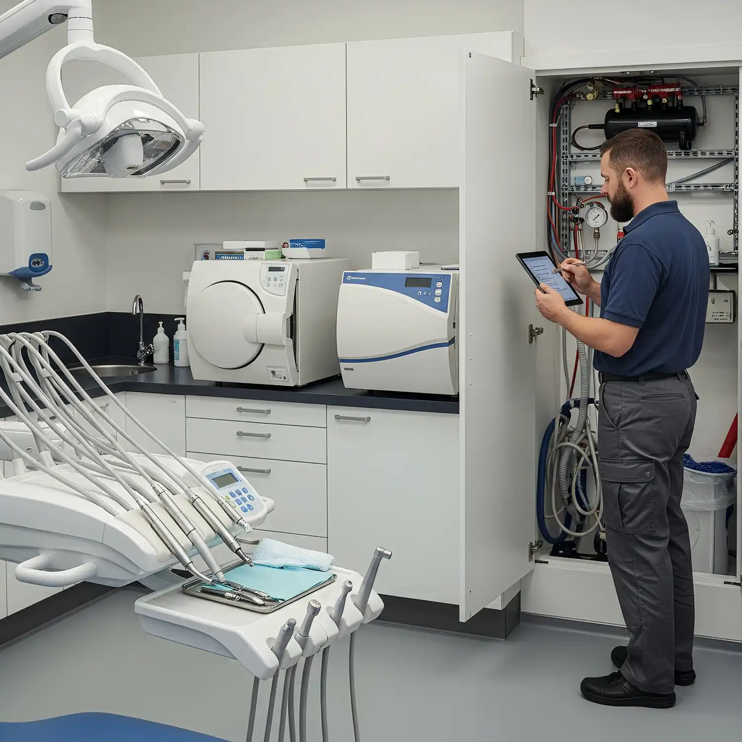 Servicetechniker dokumentiert Prüfungen in der Zahnarztpraxis, Behandlungseinheit, Hygienegeräte und Technikschrank sind sichtbar.