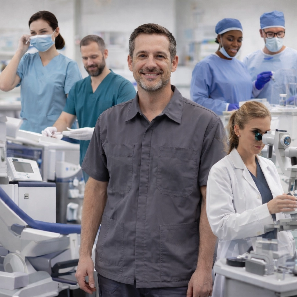 Servicetechniker von TE Medical im Zentrum, umgeben von medizinischem Fachpersonal verschiedener Fachrichtungen in einer modernen Praxisumgebung.