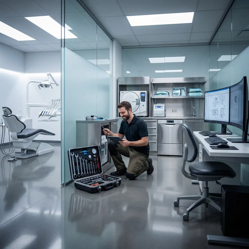 Servicetechniker prüft medizinische und dentale Geräte in einer Praxis, Werkzeugkoffer geöffnet, Dokumentation per Tablet.