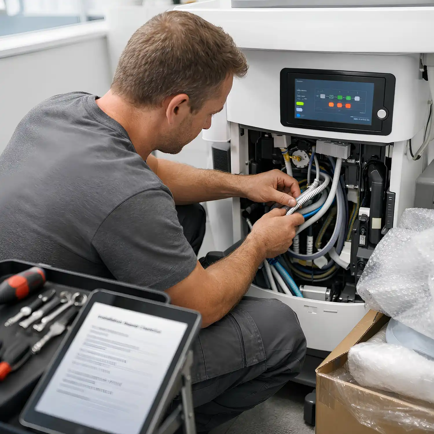 Servicetechniker montiert und demontiert medizinisches Gerät mit offenen Anschlüssen und dokumentierter Übergabe