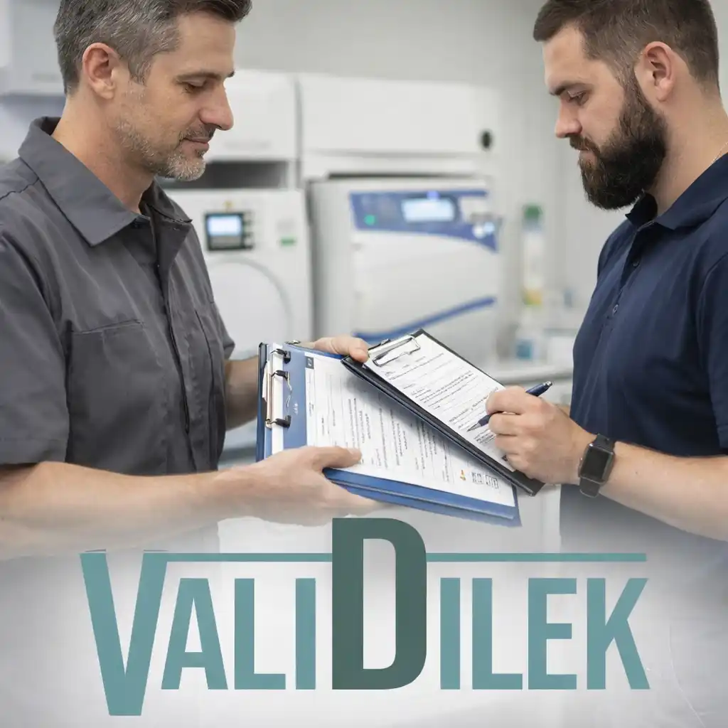 Zwei Servicetechniker stimmen die Validierung von Aufbereitungsgeräten ab und dokumentieren die Ergebnisse, ValiDilek Logo im Vordergrund.