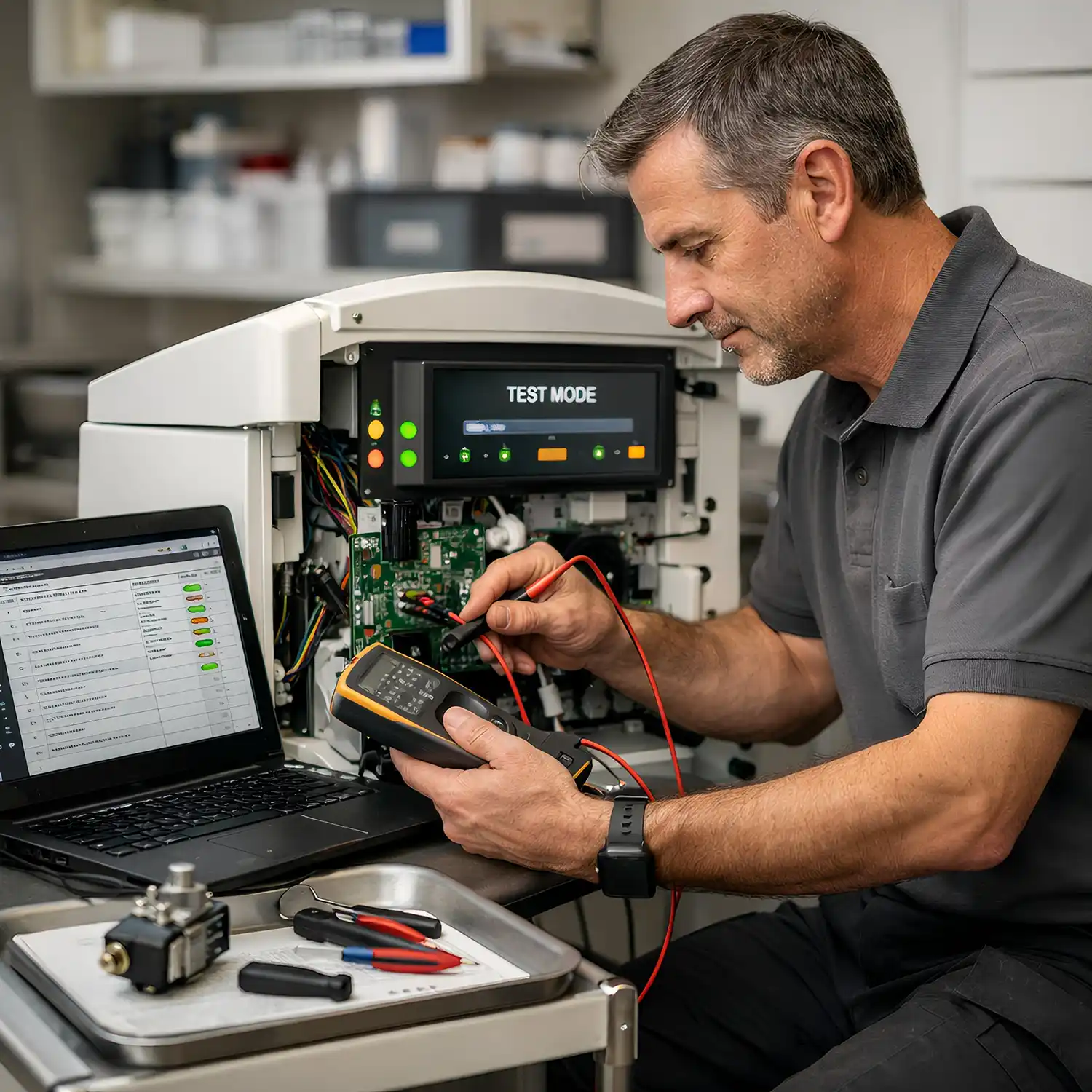 Servicetechniker misst an der Elektronik eines geöffneten Praxisgeräts, Gerät läuft im Testmodus, Diagnose per Laptop und Messgerät.