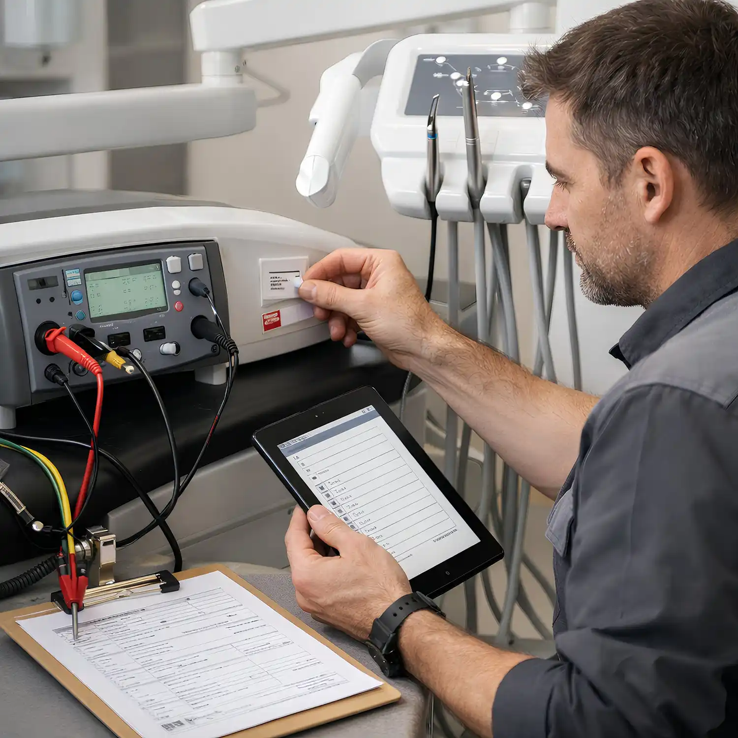 Servicetechniker führt eine elektrische Sicherheitsprüfung an einer Behandlungseinheit durch, Messgerät angeschlossen, Ergebnisse werden per Tablet dokumentiert.