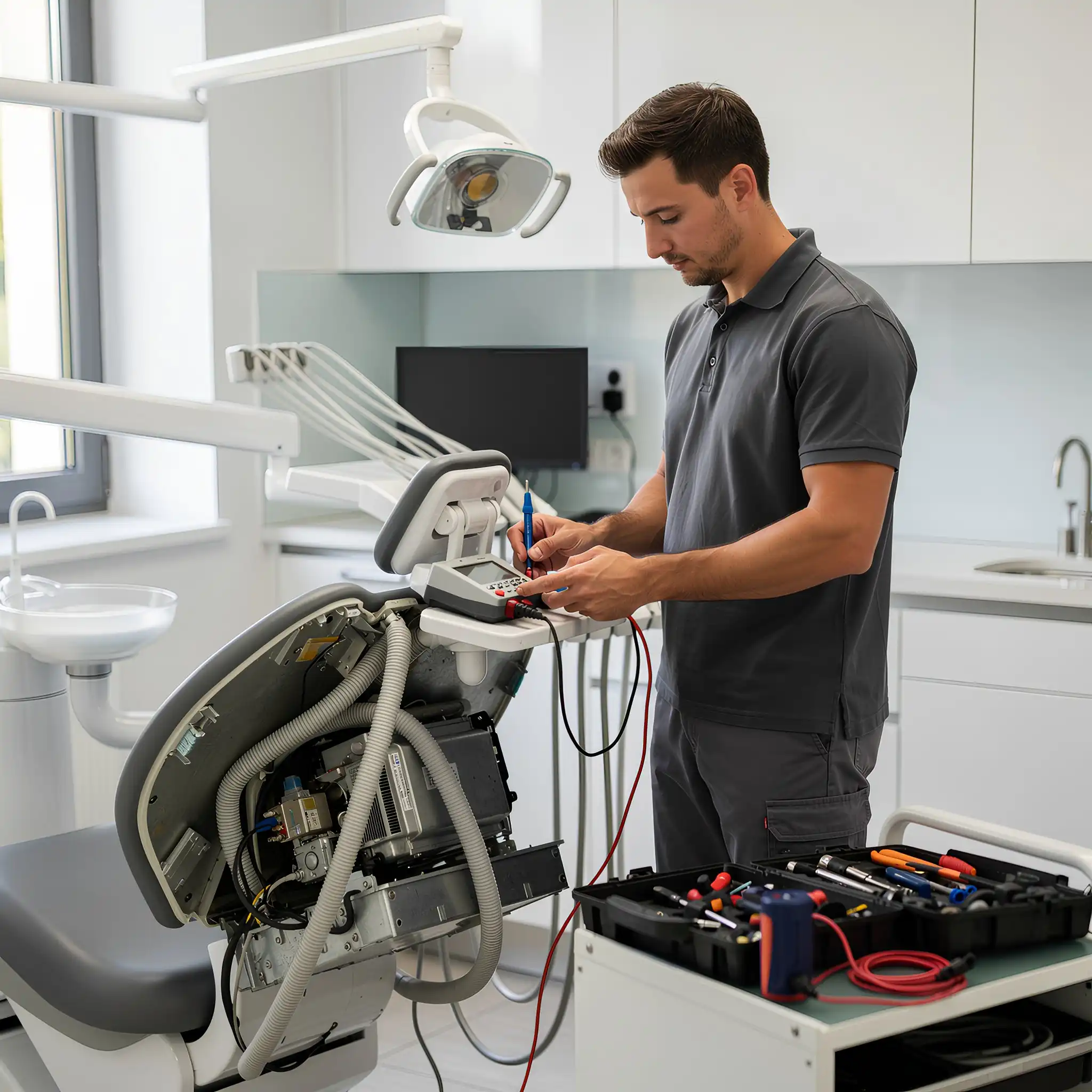Servicetechniker prüft eine geöffnete Dentaleinheit mit Messgerät, Werkzeugkoffer steht daneben in der Zahnarztpraxis.