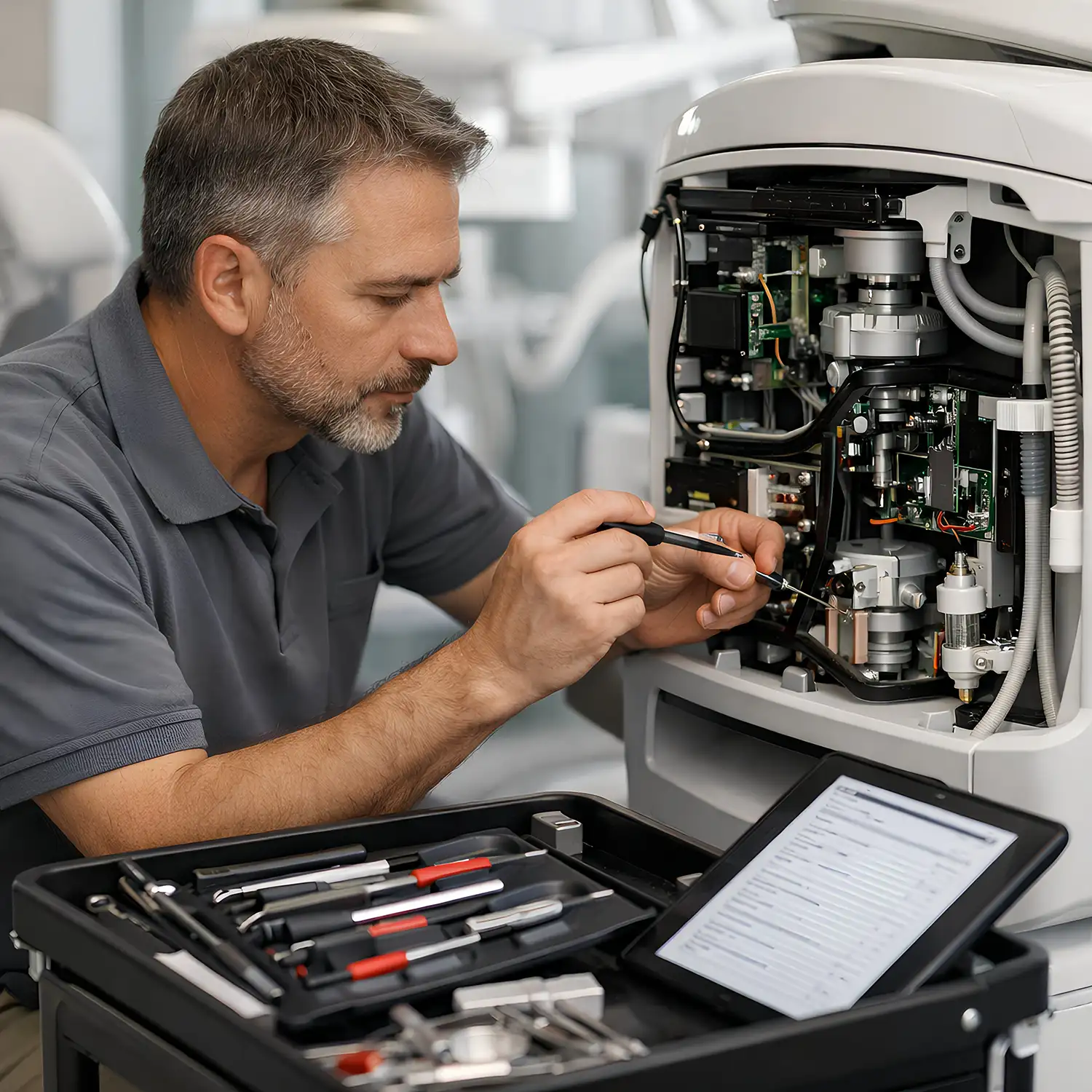 Servicetechniker führt Wartung an einem geöffneten Praxisgerät durch, Werkzeugkoffer und digitale Checkliste liegen bereit.